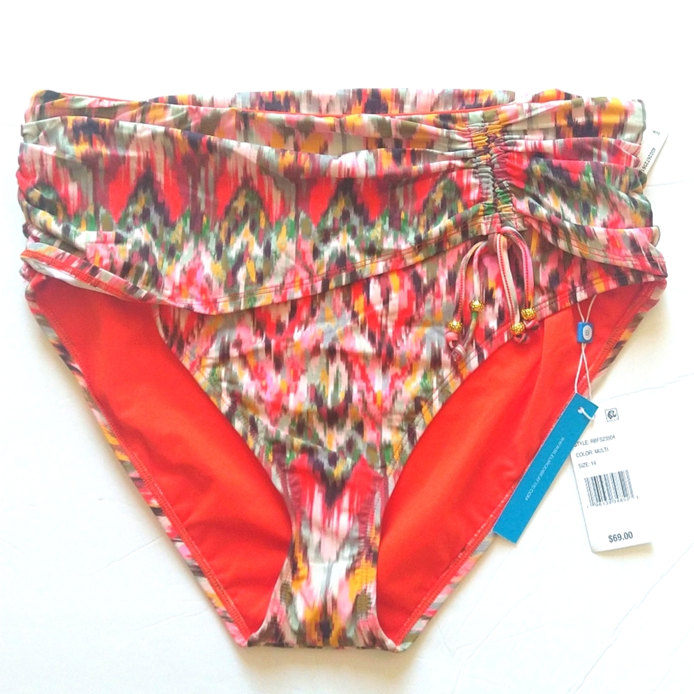 NWT Bleu Rod Beattie High Waist Ruched Multi Colored Bikini Bottom Size 14